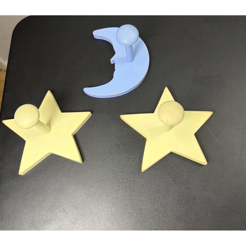 Set Of 3 Blue Yellow Star Moon wooden Wall Pegs Hooks Decor room Celestial